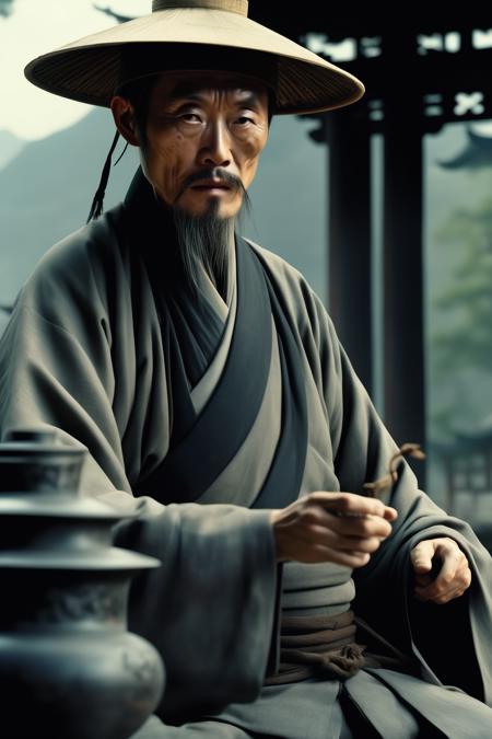 <lora:Director Zhang Yimou style:1>Director Zhang Yimou style - An ancient Chinese man wearing a straw hat was drinking tea outside a pavilion. A man was outdoors, facing away from the camera, leaning sideways, wearing a gray cloth suit with a martial arts temperament and a high contrast. The scene was inspired martial arts film "Shadow", with a grand and majestic composition. On the other side of the man was an open grassland, and in the distance was a large mountain. The characters were far from the camera. The Chinese tea set, and the man resembled Chinese actor A cloudy day without sunlight, Asymmetrical Composition, Long Shot, Cinematic light, The low-purity tone, 16K Resolution, cinematic, wuxia, Postmodern Photography