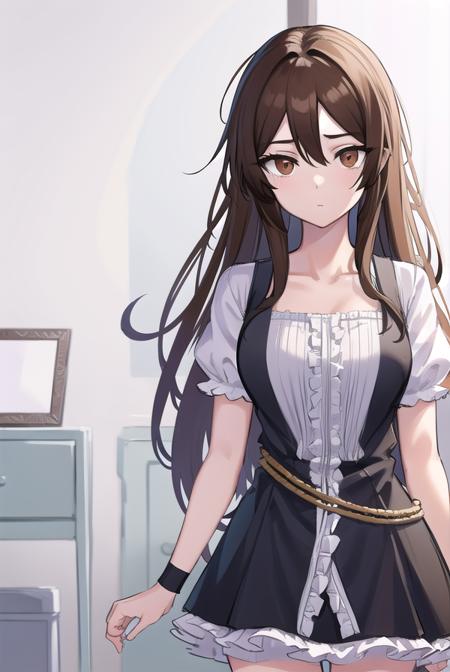 akanetaira, <lyco:akanetairav2-lyco-nochekaiser:0.8>,
akane taira, long hair, brown hair, hair between eyes, (brown eyes:1.5),
BREAK thighhighs, dress, bow, collarbone, short sleeves, frills, shoes, puffy sleeves, black footwear, black dress, red bow, white thighhighs, puffy short sleeves, zettai ryouiki, wristband,
BREAK indoors,
BREAK looking at viewer, (cowboy shot:1.5),
BREAK <lyco:GoodHands-beta2:1>, (masterpiece:1.2), best quality, high resolution, unity 8k wallpaper, (illustration:0.8), (beautiful detailed eyes:1.6), extremely detailed face, perfect lighting, extremely detailed CG, (perfect hands, perfect anatomy),