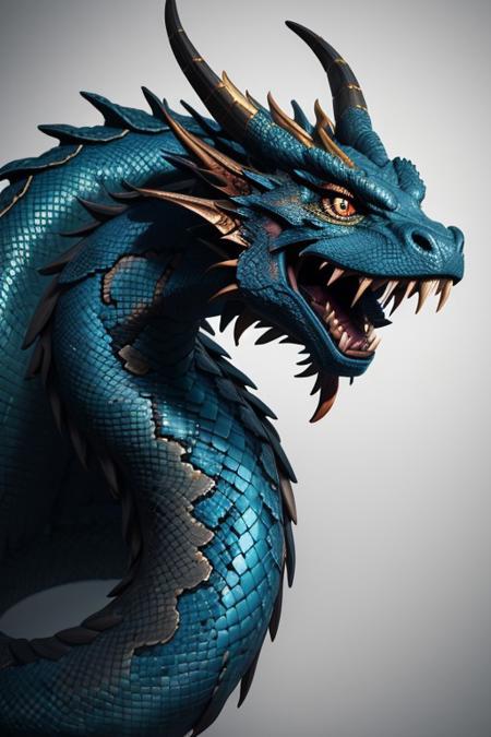Asian dragon, gold blue snake gradient vibrant neon colour, rough, textural, broad brush strokes, red color prominent detailed, alienzkin, silhouette, spotlight, dark theme, c4d, blender, raytracing, unreal engine 5, render 3d, face close up,