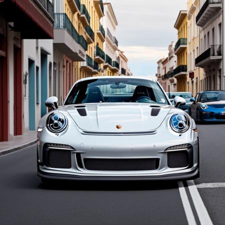 A dynamic photograph of a porsche 911 gt3 rs speeding down a Valladolid, Castille and Len, Spain street at midday. The car's sleek design is highlighted by the cool-toned color grading of the city lights reflecting off its polished surface. The image captures the essence of speed and freedom, with the centre for international governance innovation, ontario, canada blurred in the background, adding a sense of depth and movement. The shot is taken from a low angle, emphasizing the car's power and dominance.