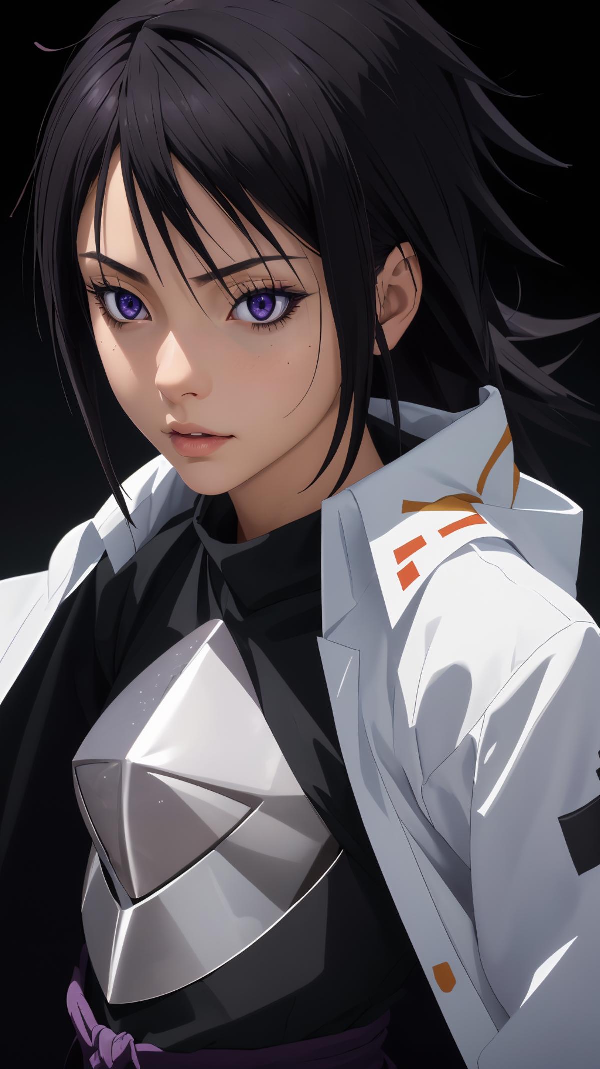 Anime character wearing a black shirt and white jacket with purple eyes.