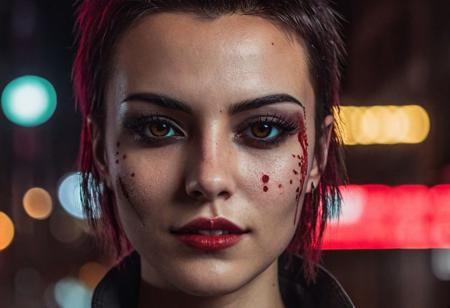 tomboy, ultra realistic close up portrait, ((beautiful cyberpunk female with heavy black eyeliner)), brown eyes, shaved side haircut, (smile:0.6), blood on face, bokeh, cinematic lighting, magic neon, dark red city, symmetrical balance, Hyperrealism style, simple background, dark background, OverallDetail
