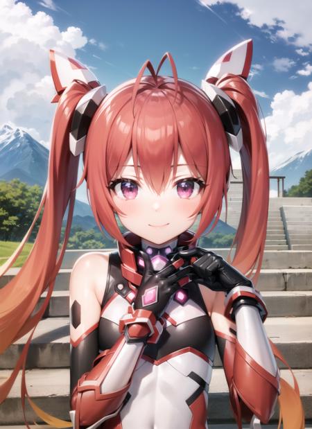 <lyco:tailred1-000009:1.0>, tailreddef, upper body, smile, blush, outdoors, day, simple background, blue sky, sky, temple, looking at viewer, stairs, mountain, moody lighting, facing viewer,