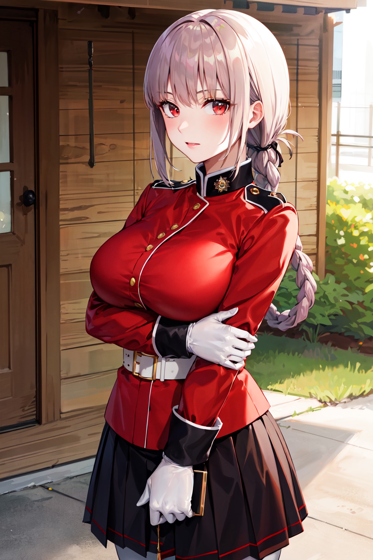masterpiece, best quality, highres, aafng, braid, large breasts, military uniform, red jacket, strap between breasts, whit...