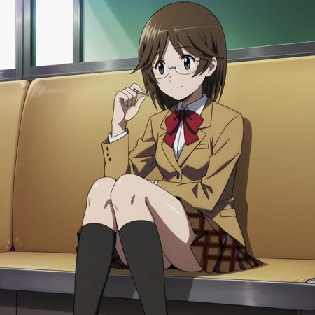 NeneTodoroki,1girl,brown hair,medium hair,black eyes,eyewear, school_uniform,bowtie, plaid skirt, black socks,