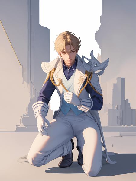 cowboy shot,1boy,sunce,white uniform,male focus,One hand reaches for the lens,One knee,white gloves,floating city(((masterpiece))),�(((best�quality))),�((ultra-detailed)),�(illustration),�(detailed�light),((an�extremely�delicate�and�beautiful)),dramatic_shadow,ray_tracing, <lora:sunce1-v3:0.7>