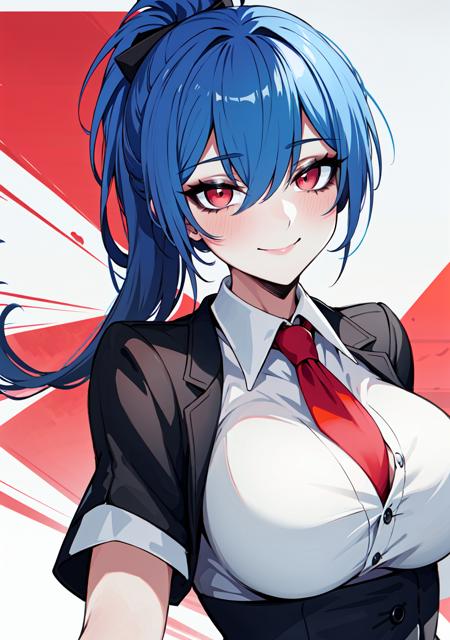 (masterpiece), best quality, lot of details, 1 girl,solo, upper body, smile, ponytail, red eyes, white shirt, office lady, closed mouth, orouu, eyeshadow, large breasts, <lora:Orouu_100:0.6>, blue hair,