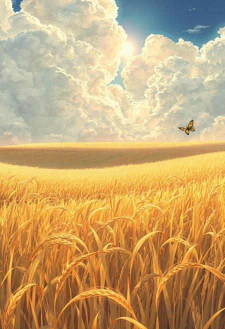Anime view from golden wheat fields, wind blowing across tall detailed grass, creating flowing motion waves across the landscape, massive textured clouds above shifting slowly, soft sunbeam flickers through them, butterfly wings flutter nearby, pastel tones with lush detail.