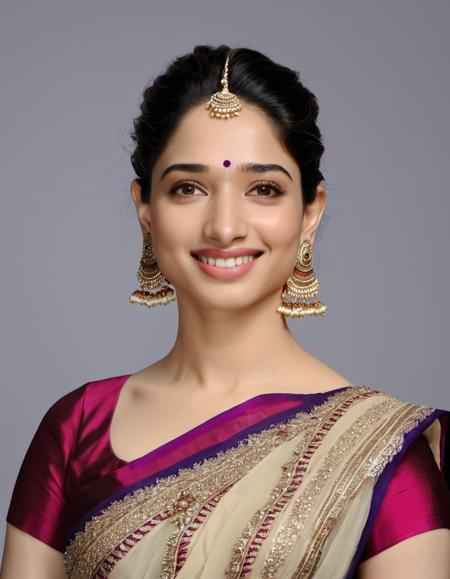 headshot photo of tamannah bhatia woman, studio quality,smiling, subsurface scattering, high collar indian dress,  canon 5D, realistic skin texture, skindentation, flat white background, 