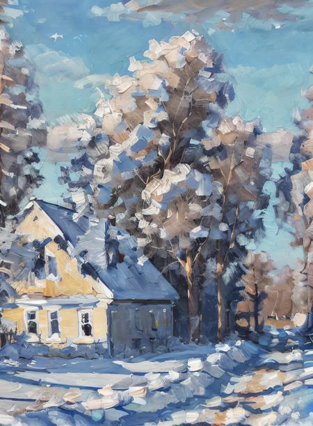 (a painting by mse) (brush strokes) a painting of a snowy  house and trees in the background and a blue sky with clouds above, winter,  highly detailed, sharp focus, professional, 4k, max detail, highres,high detail, sharp focus, smooth, aesthetic, extremely detailed