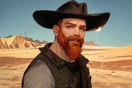 1boy, solo, handsome man, ginger beard, cowboy hat,  illustration, drawing, professional, defined shadows, accurate figure, easthetically pleasing, correct hands, post apocalyptic, desert wasteland background, best quality, portrait,  <lora:cragsand:0.70>