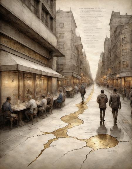 on parchment android made of reflective chrome and cracked white porcelain kintsugi gold repair lines beautiful lighting background busy street sidewalk bustling with humans