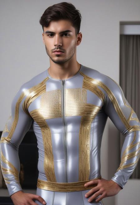 a strong 24-year-old spanish hunk male, with a side fringe curtains undercut hairstyle, detailed face, mindless expression,  wearing a skin tight light-gray rubber suit with silver and gold electronics circuits patterns, wearing a light-gray rubber jockstrap, on a modern living room, standing at attention pose, full body visible, looking at viewer, portrait, photography, detailed skin, detailed rubber texture, realistic, photo-realistic, 8k, highly detailed, full length frame, High detail RAW color art, diffused soft lighting, shallow depth of field, sharp focus, hyperrealism, cinematic lighting
