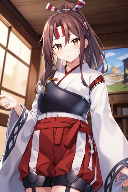 zuihouKC, 1girl, solo, japanese clothes, wide sleeves, headband,high ponytail, hakama, red shorts, hachimaki,