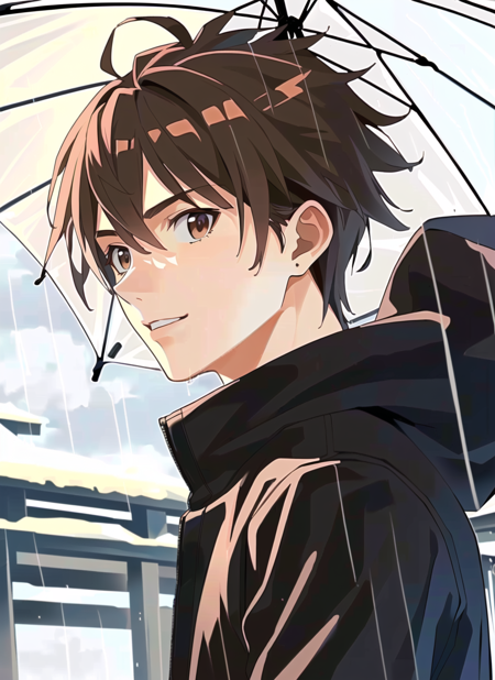 akamatsu ken <lora:akamatsu_ken_offset:1>,  masterpiece, best quality, 1boy, brown eyes, brown hair, male focus, outdoors, rain, solo