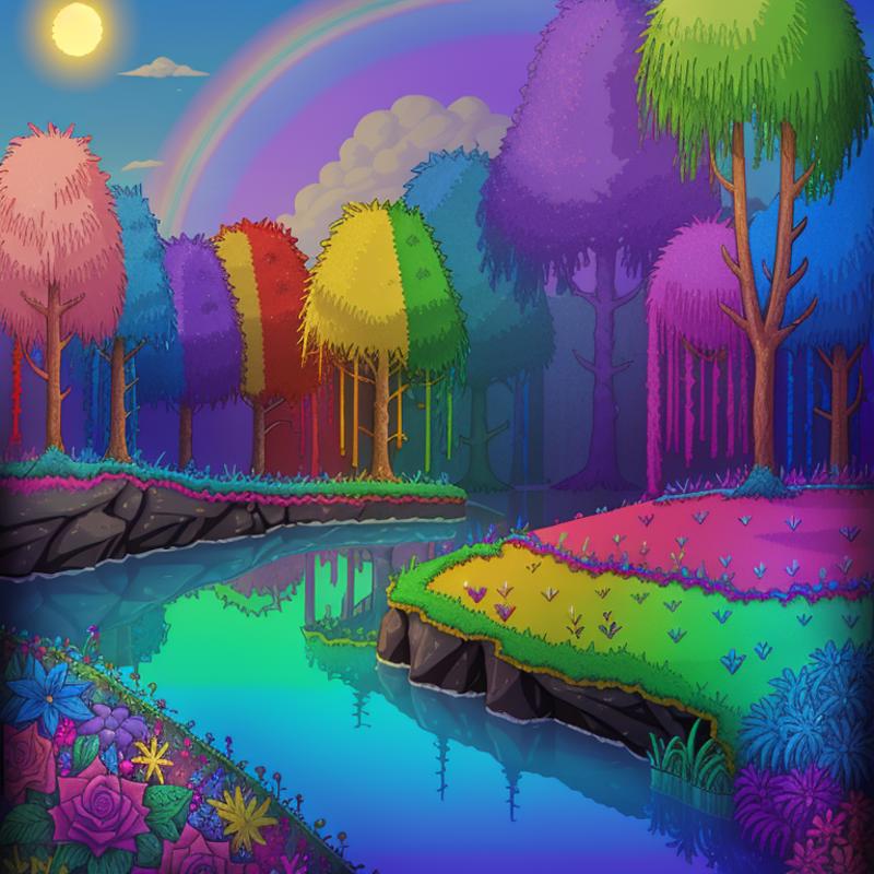 A colorful, cartoonish scene of a rainbow river surrounded by trees.