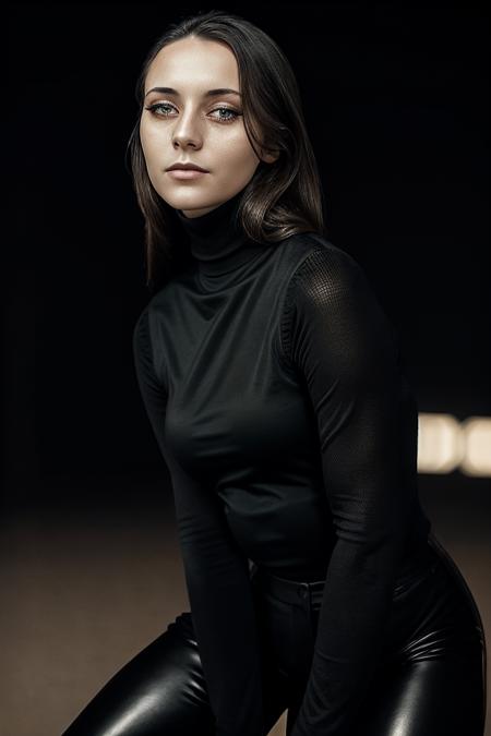 A stunning intricate full color portrait of a woman , wearing a black turtleneck, having fun, epic character composition,by ilya kuvshinov, alessio albi, nina masic,sharp focus, natural lighting, subsurface scattering, f2, 35mm, film grain, full body in the picture <lora:LucidLavender:1>