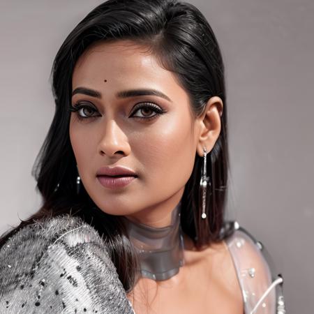 ultrarealistic glamor close-up photo of  swti woman, b&W, greyscale, looking at camera, detailed face with no makeup, high neck elegant white dress, early morning, film grain, analog kodachrome, bokeh, flat colors, softbox lighting <lora:swti_Shweta_Tiwari_SD15_LoRA_Adafactor:1>