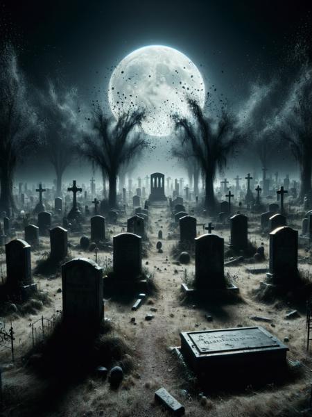 A desolate, moonlit graveyard, where each tombstone is enveloped in ais-darkpartz, casting eerie shadows on the ground. <lora:Dark_Particles_Style_SDXL:1>