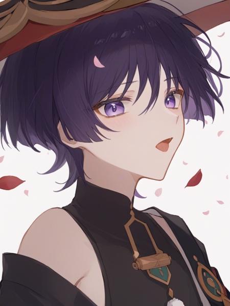 1boy, hat,black_shirt,  jingasa, short_hair, purple_eyes, shirt,  blue_headwear, smile, bangs, hand_on_headwear, sleeveless_shirt, mandarin_collar, sleeveless, purple_hair,short_sleeves, open_vest, open_clothes, hair_between_eyes, gold, official_alternate_costume, vest, adjusting_clothes, blue_vest, collarbone, necklace, jewelry, bridal_gauntlets