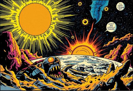 Comic book in the style of Jack Kirby, a 'super hero' stupidly brings the sun to the Earth's surface, chaos ensues,