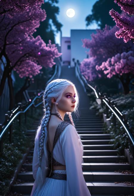 cinematic photo city street,street,street photography,<lora:Beeple_scenery:1>,Beeple,scenery,a tree with pink flowers in a city park with stairs and a staircase leading up to it,, <lora:Metroplex Base:0.4>,a city scnery,, <lora:LetThereBeLight:0.3>,Beeple,lighting,, 1girl,long silver-white hair pale as moonlight,Targaryen lineage,hair is worn in intricate braids,large violet eyes noted for their intensity and otherworldly quality,pale smooth skin with a creamy complexion with an almost luminous quality,striking beauty,slim and petite build, . 35mm photograph, film, bokeh, professional, 4k, highly detailed