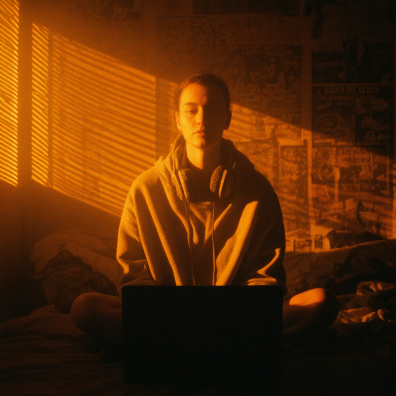 high_quality_35mm_cinematic_photo__teenage_girl_sitting_cross_legged_on_unmade_bed__oversized_hoodie__headphones_around_neck__tired_eyes__soft_expression__mascara_smudged__strong_sunlig_2971539999.png