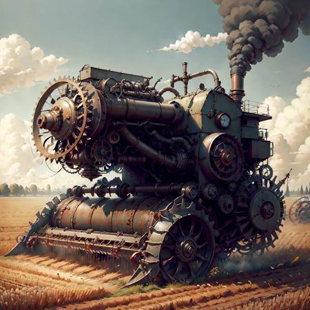 <lora:SteamPunkAI:.7> SteamPunkAI , Cogpunk  combine harvester on field