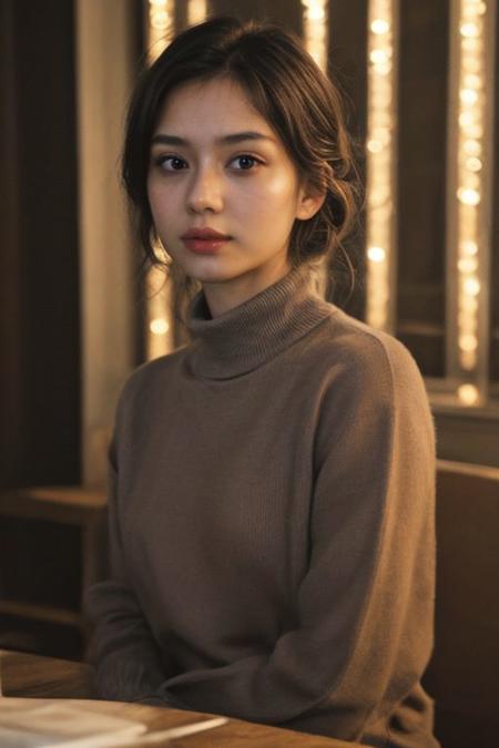 one pretty girl, solo, updo, prefect face, makeup, blue eyes, big tits, cleavage, black shirt, looking at viewer, dining tables, bright lights, softbox lighting, upper body, epiCPhoto,