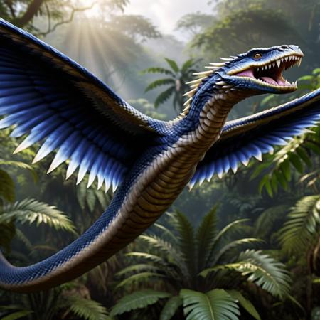 highly detailed portrait photo of a (vringalu):1.2 flying above a dense jungle,

vrinaglue, wings, feathers, teeth, sharp teeth, fangs, snake body,

through a lush jungle,

depth of field:1.2, blurry, blurry background,
realistic:1.3,

photorealistic,
fantasy, cinematic,
32k, best quality, 
god rays:1.2,
dappled sunlight:1.1,




