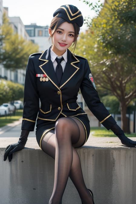 ultra-detailed,highly detailed,best quality,masterpiece,illustration,
cf yemeigui, 1girl, solo, cosplay, military uniform, long legs, light smile, 
gloves, garrison cap, necktie, pencil skirt,  jacket,alternate costume,torn pantyhose, 
dynamic pose, looking at viewer, outdoors, nature,  sitting, 
<lora:cf yemeigui_v1_03:0.7>