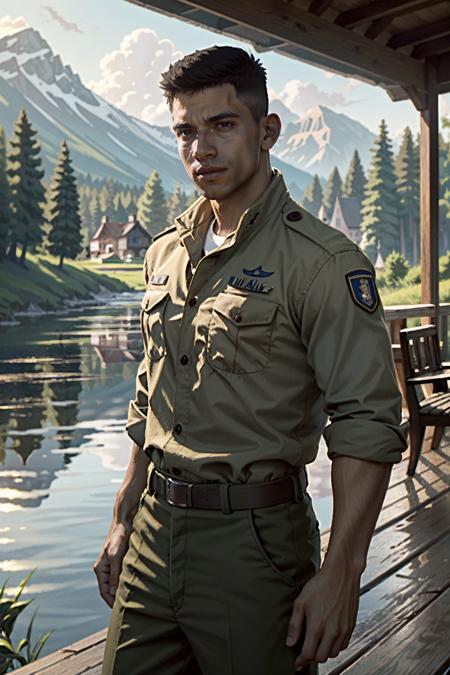 ((ultra detailed, masterpiece, best quality))
 <lora:MafiaLincoln:0.8>
MafiaLincoln, 1boy, solo, buzz cut, brown eyes, muscular, military uniform, lakeside cabin, morning, peaceful and serene with soft morning light reflecting on the water