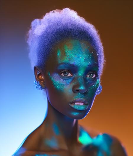 a realistic detail of a close up of a woman with blue makeup on her face in the dark, CHV3SDark, dark night time photo, taken in darkness, macro details, glowing blue face, dark skin, femme on a galactic shore, dark blue skin, color portrait, blue holographic face, cosmic girl, Professional, masterpiece, commissioned