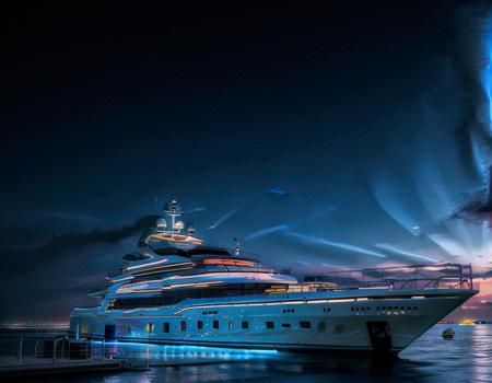 <lora:Yacht:0.9> , Yacht , sea , night sky , white , very high quality , light in the sea