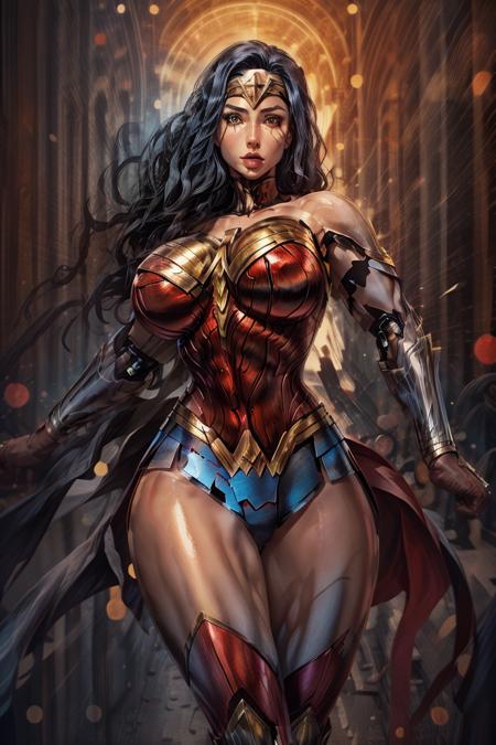 a image of wonder woman, (ikaros-androids), large boobs, toned abs, thick thighs, thicc, hd, bokeh, detailed face, colorful, vibrant, face lines <lora:ww_v1:0.9>  <lora:ikaros-androids-000010:0.40>