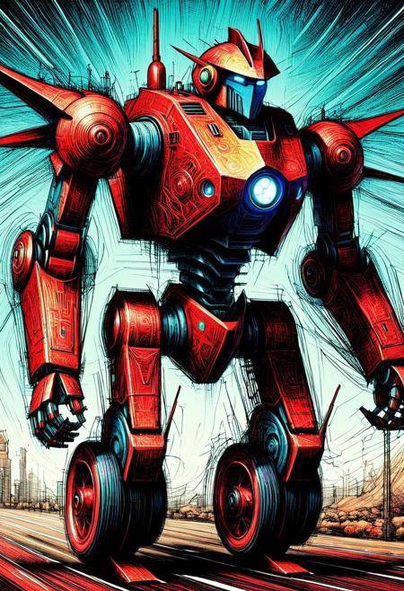Rough ScribbleRay. ScribbleRay style. A giant robot riding a tiny bicycle in a technicolor world.