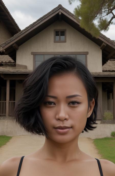 @chanel.uzi, Chanel Uzi\(Person\), masterpiece, 1girl, ((portrait shot)), breasts, black eyes, black hair, pink lips, earrings , closed mouth, looking at viewer, satin , short hair, background: Idyllic countryside farm, Peru, solo, upper body, <lora:Chanel Uzi V2:1>