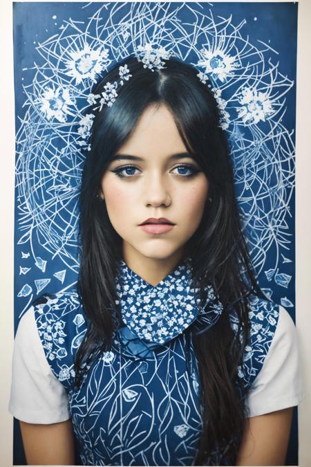 Cyanotype portrait art, Graphic design, poster, fine art <lora:Jenna_Ortega_640x960:0.85>