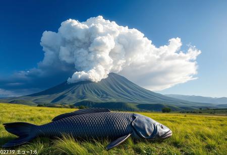 3d,,photorial,photo,grey volcanic eruption cloud, 
Mt. Aso, Kusasenri, green grassland,landscape,summer,blue sky,The volcano is erupting,Outer mountain, (smoke:1.4),,A giant catfish lying on the grassland