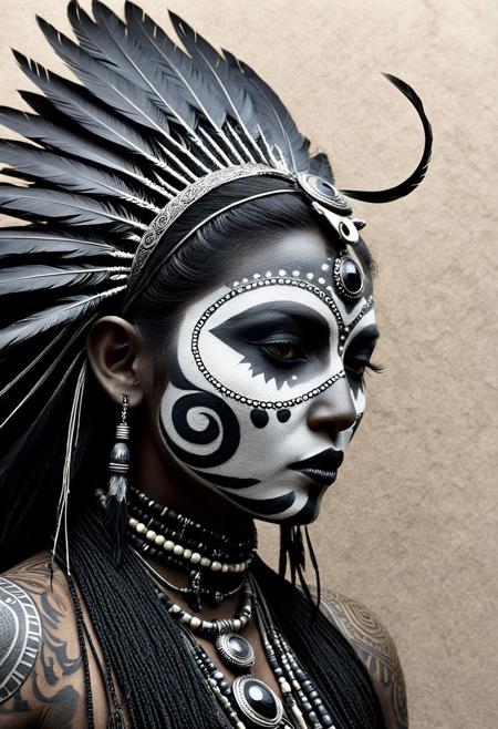 A beast made of writhing shadows and molten metal, with empty eye sockets that bleed black mist, 3D art, minimalist, ink drawing, graphite texture, rough cotton paper, monochrome, tribal portrait, detailed beadwork, feathers, face paint, subtle elegance, organic lines, cultural elements, textured surface, understated beauty, refined, traditional adornment, artistic realism, timeless composition
