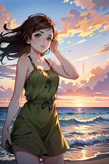 ((masterpiece, best quality))
<lora:TLOUEllie:0.8>
TLOUEllie, 1girl, solo, brown hair, long hair, green eyes, On a beach during a vibrant sunset, sundress, playing with the waves