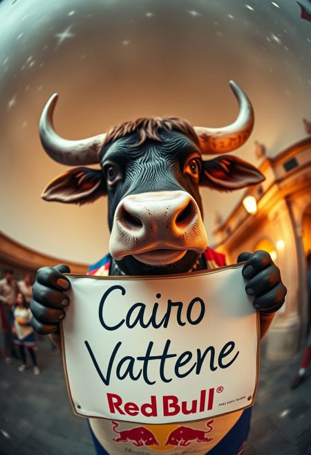 “A whimsical, humanized bull, with a fairytale charm, holding a sign that says ‘Cairo Vattene’ in playful, handwritten text. The shot is captured with a Panavision Prime Cine Optics 12mm fisheye lens, giving the image a dramatic, wide-angle distortion with the bull appearing larger in the center and the magical, dreamy background curving around it. A Red Bull logo is subtly integrated into the design, perhaps on the bull’s clothing or in the background.”