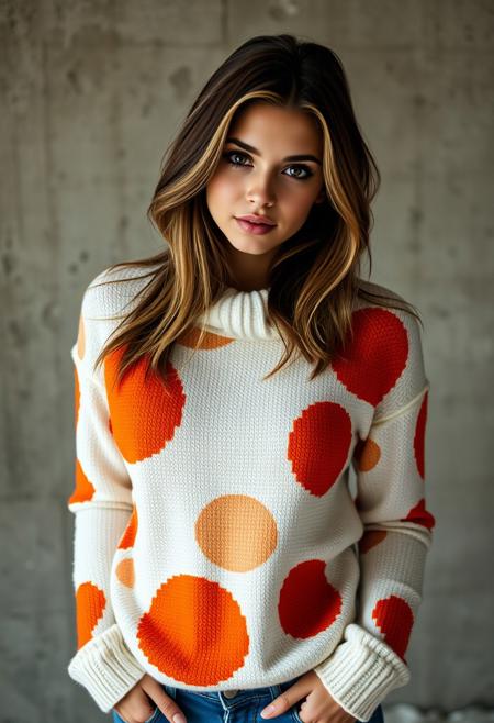 A young woman with medium boobs, perfect eyes, light makeup, posing in a studio. She is wearing a white sweater with very large orange textured spots with a high neck and long sleeves, cut out elbows. The sweater is made of a soft, fuzzy material. She has mid length brunette hair with blonde streaks and is wearing blue jeans. The woman is standing with her hands in her pockets and is looking directly at the camera with a seductive expression. rembrandt lighting, grungy textured background wall, dark theme, kodak portra colors, professional color grading , high budget production