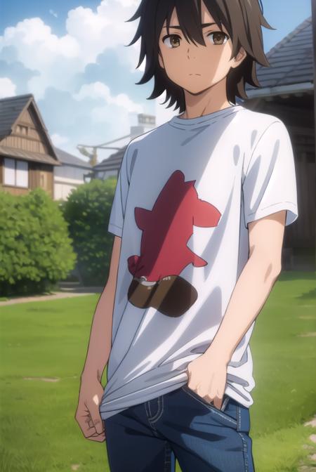 jintayadomi, <lora:jinta yadomi s1-lora-nochekaiser:1>,
jinta yadomi, black hair, male focus, (brown eyes:1.3),
BREAK shirt, pants, t-shirt, red shirt,
BREAK outdoors, house, fields, grass, sky, sun, clouds,
BREAK looking at viewer, (cowboy shot:1.5),
BREAK <lyco:GoodHands-beta2:1>, (masterpiece:1.2), best quality, high resolution, unity 8k wallpaper, (illustration:0.8), (beautiful detailed eyes:1.6), extremely detailed face, perfect lighting, extremely detailed CG, (perfect hands, perfect anatomy),