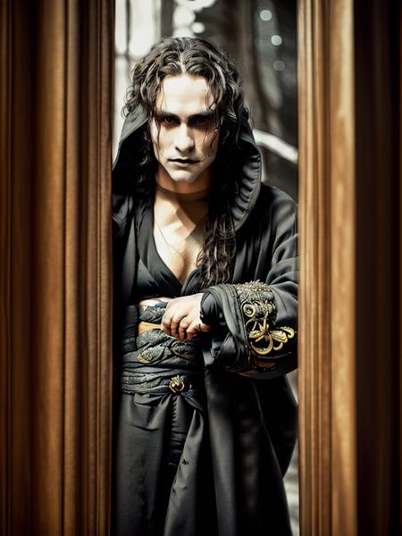 a man , +++centered in frame, portrait, full body,Fantasy wizard robes with intricate embroidery, deep hoods, and ornate embellishments, raw, photorealistic, 8k, close up portrait photo by Annie Leibovitz, natural lighting, detailed skin, ultra realistic, bokeh, sharp features  <lora:Crow:0.8>