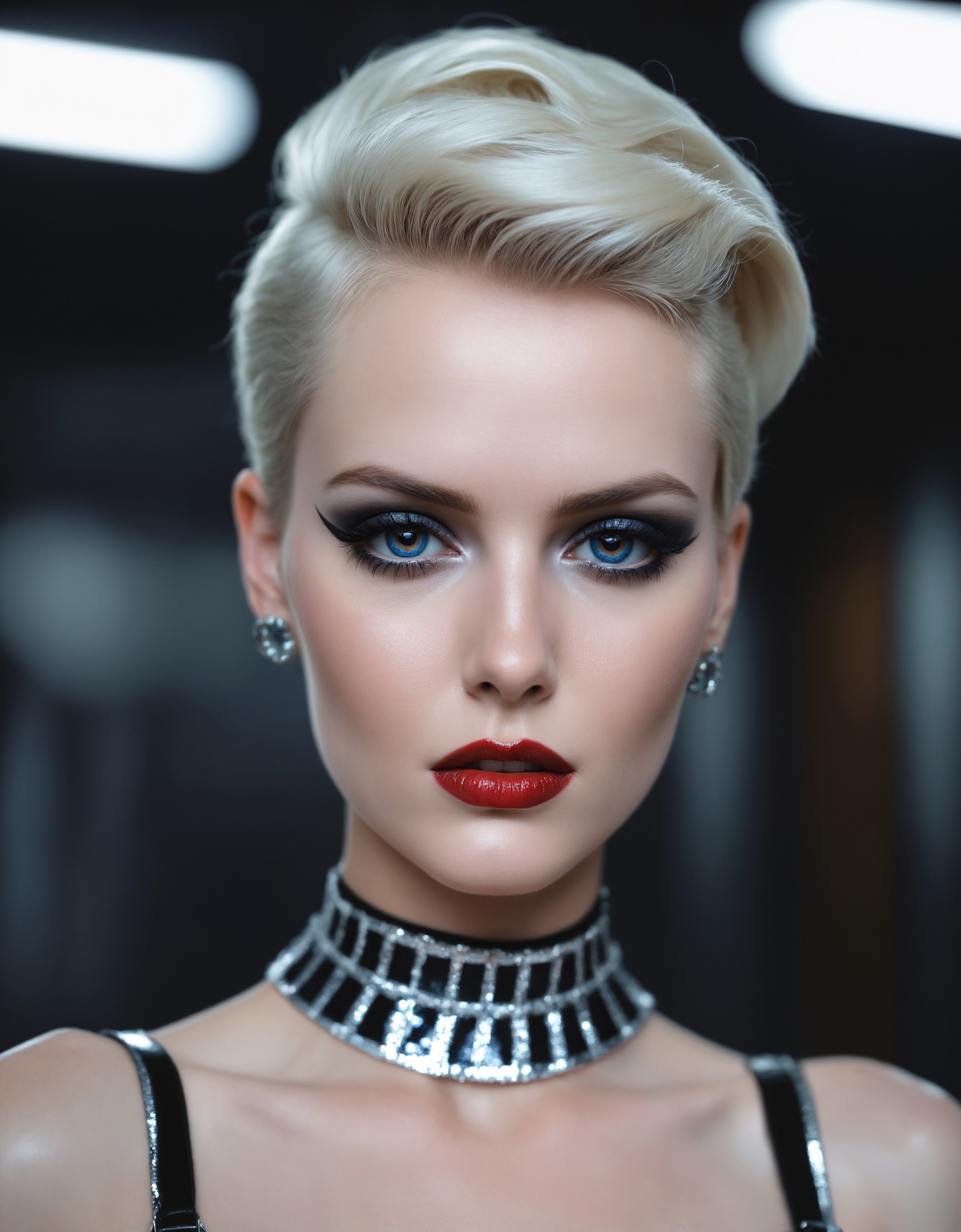 award winning photo of a 33 year old gothic woman with lipliner, Slicked Back medium length blond hair, square face, blue ...