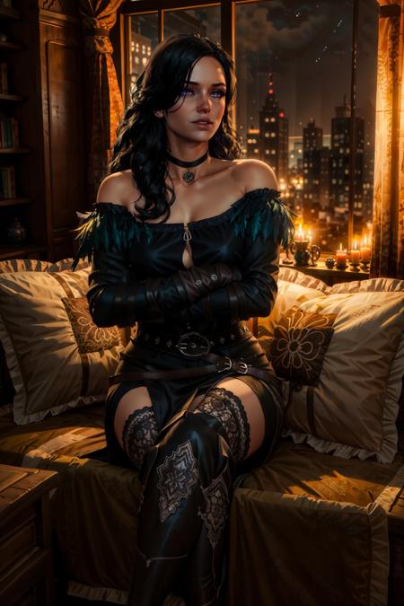 (masterpiece, best quality:1.2),  <lora:yennefer-17:0.7>, yenW3_soul3142, 1girl, solo, long hair, black hair, purple eyes, mole under mouth, black dress, bare shoulders, feathers, thighhighs, gloves, sitting, choker, belt, indoors, pillow, window, night, crossed arms, crossed legs, cushion