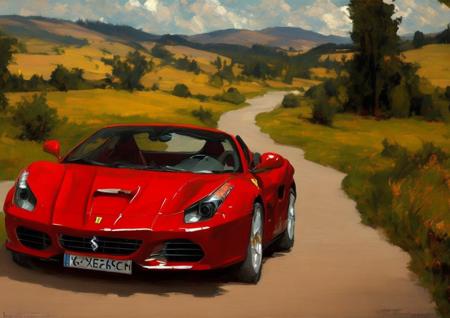 painting of a red Ferrari 1995 by laxpeint, driving down a country road in spring, long winding road at the edge of a broad landscape of hills and trees and wildflowers, extremely detailed