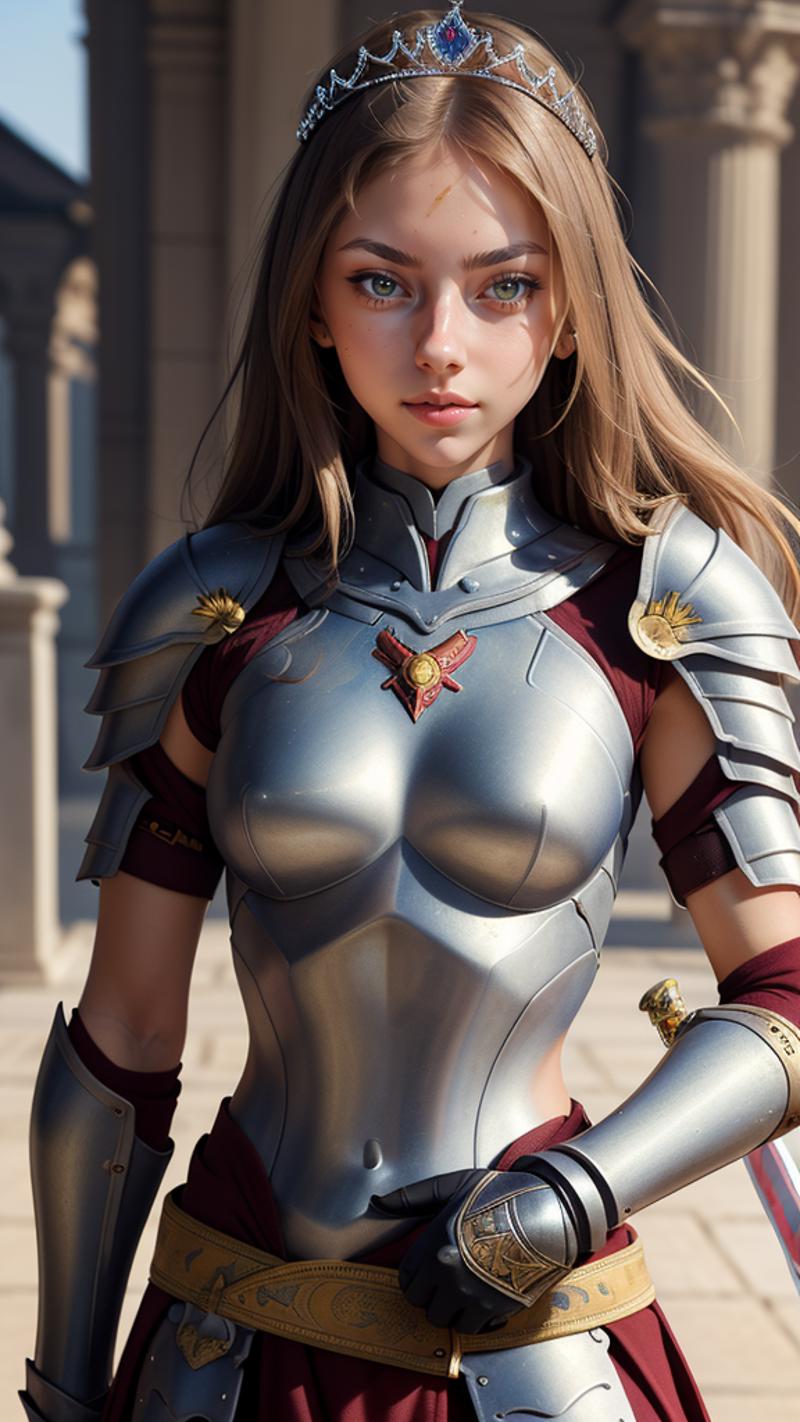A woman wearing a silver armored breastplate with gold accents.