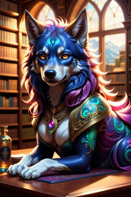 Psychedelic style <lora:FFai.0018.Crystalclearxl_Ccxl.lora:1> ((best quality)), ((masterpiece)), (detailed) Female, [Worgen in a bottle], on a desk, highly detailed skin, looking at the viewer, fantasy art, stunning gradient colors, background of a library, no watermark signature, closed mouth, insanely detailed, ((masterpiece)), HDR, key visual, vibrant, studio quality, highly detailed,close portrait,(manga:1.3),beautiful,attractive,handsome,trending on ArtStation,DeviantArt contest winner,CGSociety,ultrafine,detailed,studio lighting . Vibrant colors, swirling patterns, abstract forms, surreal, trippy